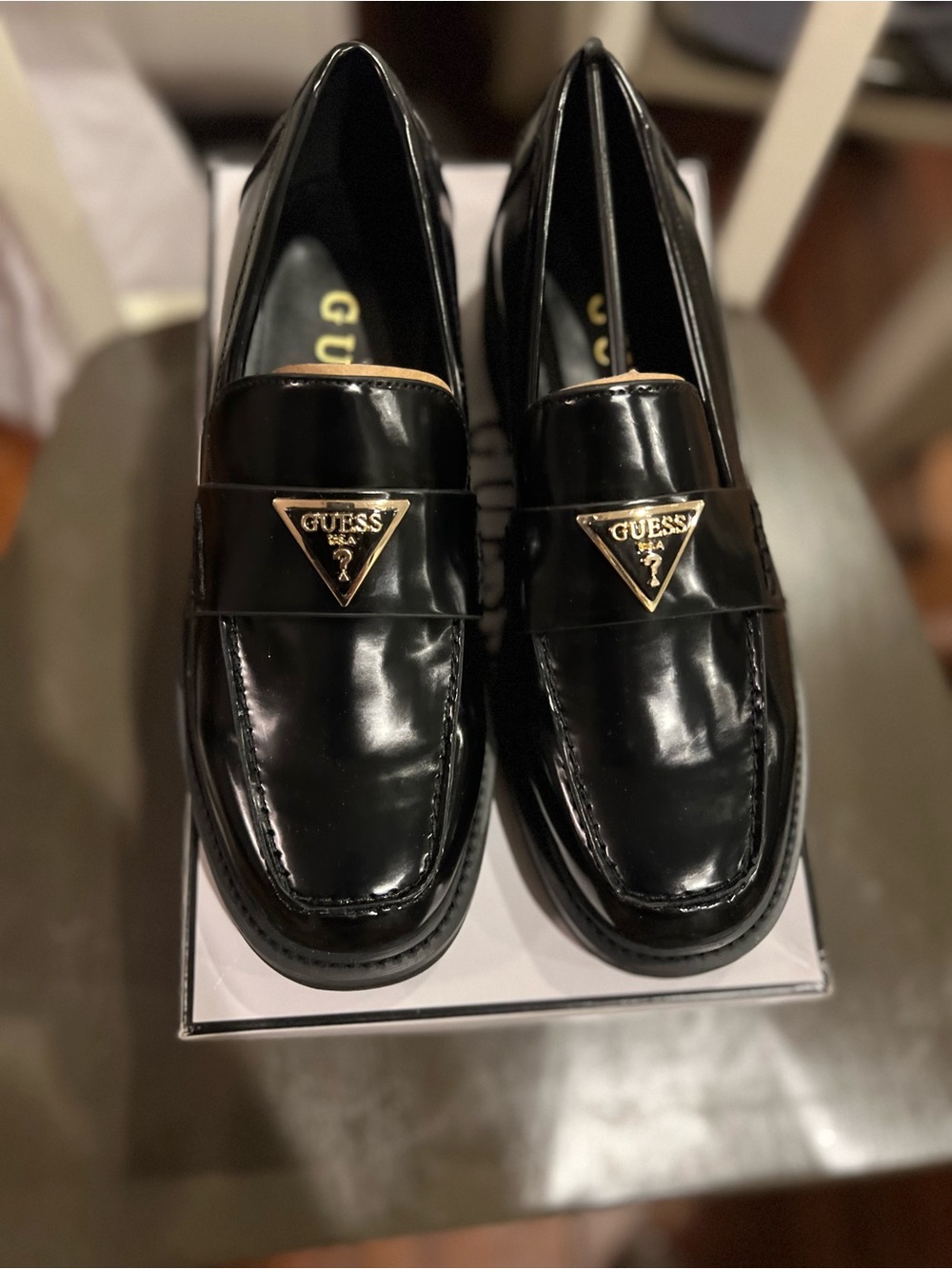 Guess Black Patent Loafers with Gold Triangle Logo